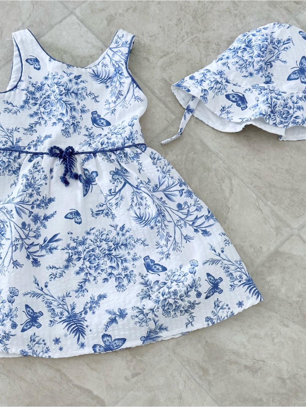 Girls Blue Floral Summer Dress with Matching Hat